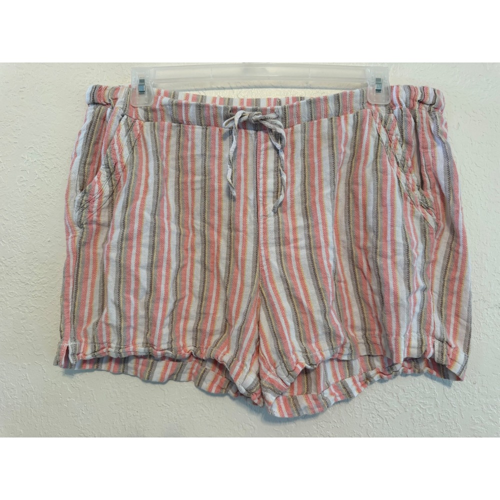 Briggs Womens XL Linen Blend Striped Drawstring Shorts Coral Yellow Grey 1665534